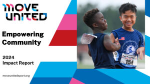 Move United 2024 Impact Report: Empowering Community. Photo Image of two athletes smiling  and shaking hands after a track race.