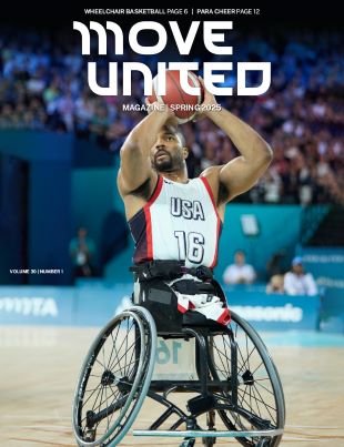 Cover of Spring 2025 issue of Move United magazine with image of wheelchair basketball player shooting a ball