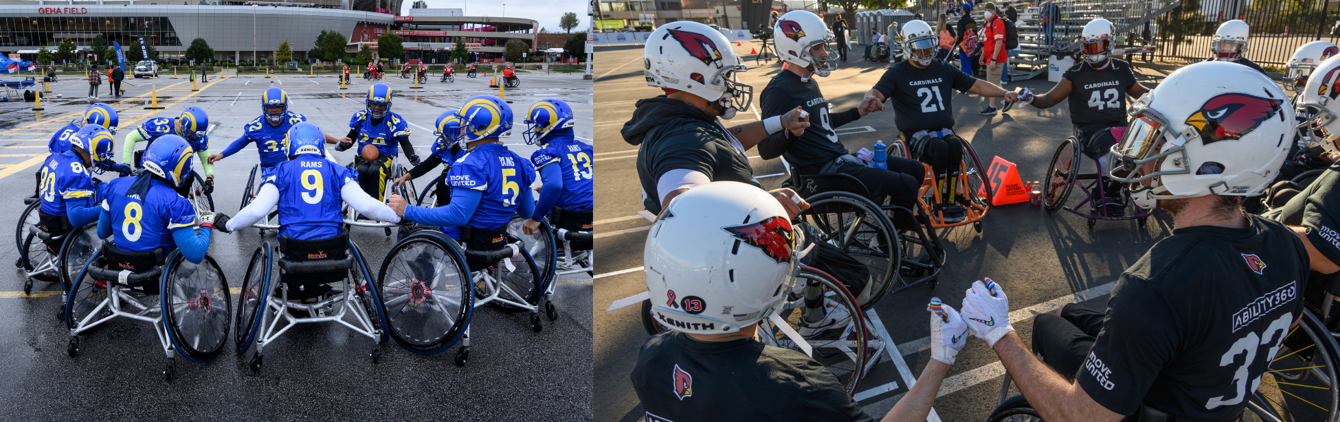 Photo collage people huddling before a wheelchair football game